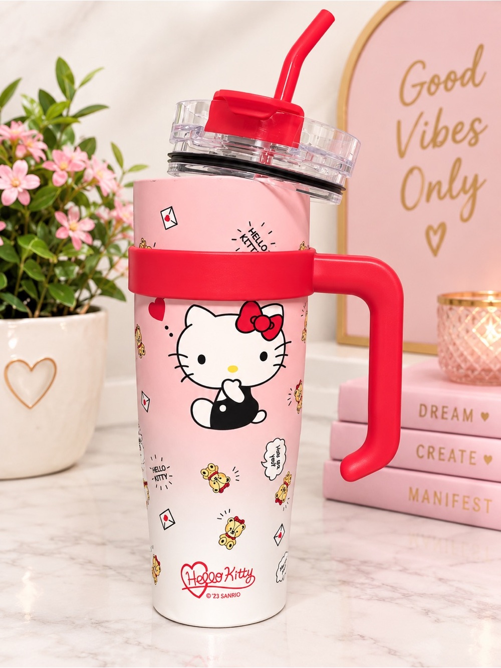 Hello Kitty 40 Oz Stainless Steel Tumbler with Handle & Straw Red Sanrio New